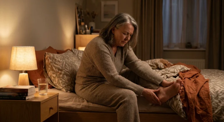 An older woman sitting on the edge of a bed at night, gently stretching her calf to release a muscle cramp.