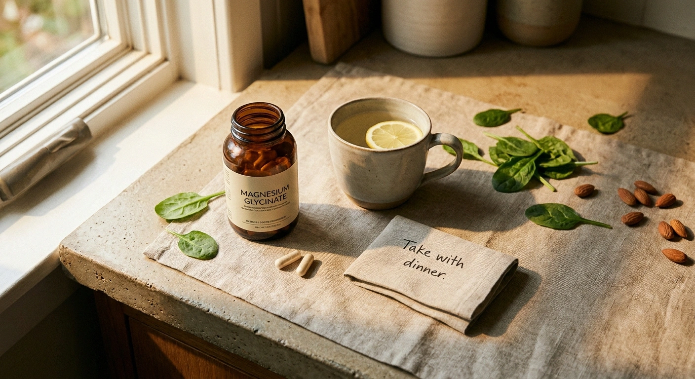 A bottle of magnesium glycinate capsules, a glass of water, and magnesium-rich foods on a kitchen counter — the most common reversible cramp-prevention nutrient.