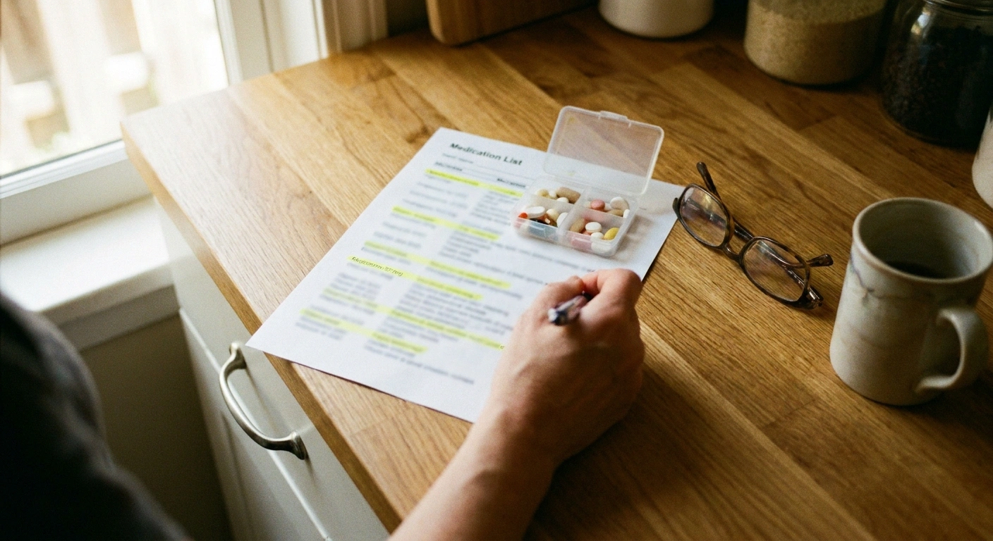 A pill organizer, printed medication list, and reading glasses on a kitchen counter — the medication review that often uncovers cramp-driving prescriptions.