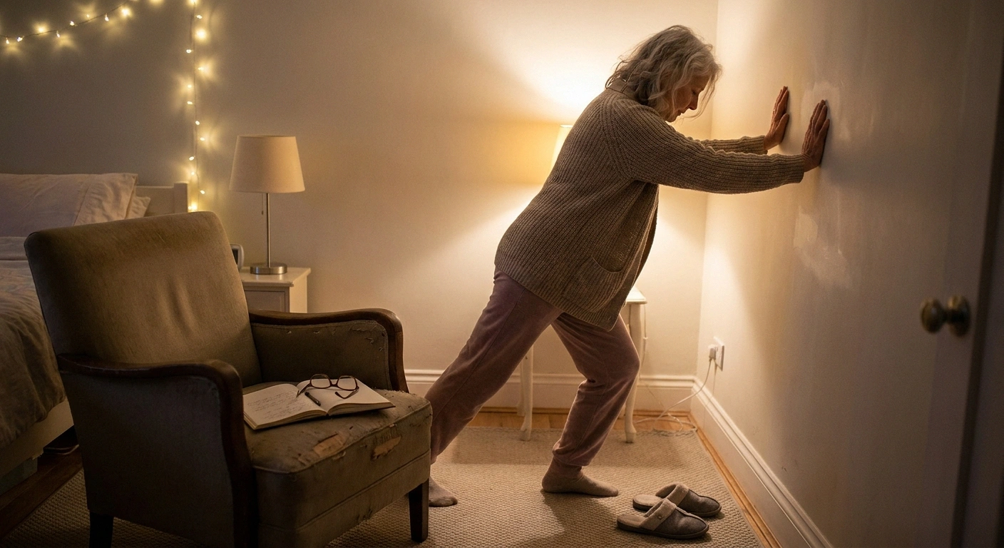 An older woman performing a wall calf stretch in her bedroom before bed — the pre-bed routine that reduces nighttime cramping.