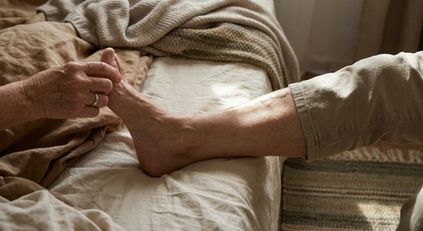 A close-up of a woman pulling her toes upward toward her shin to stretch and release a calf cramp.