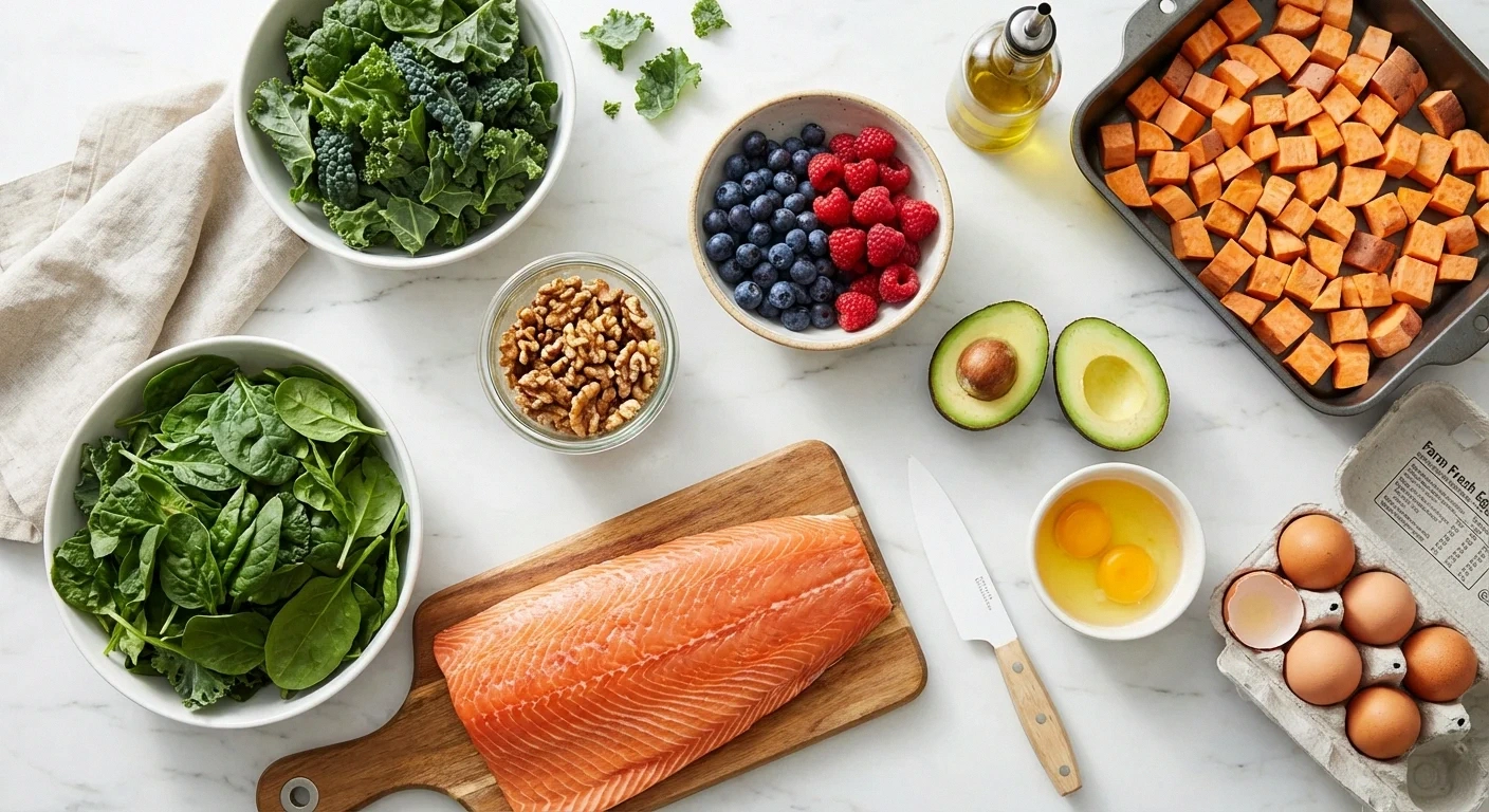 Colorful spread of nerve-healthy foods including salmon, leafy greens, walnuts, and berries on a kitchen counter