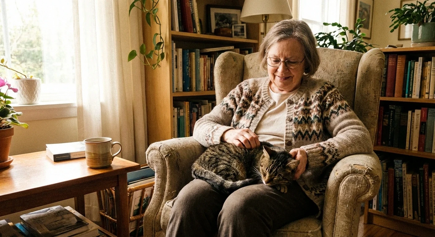 Older woman relaxing with a cat on her lap, demonstrating the comfort and therapeutic benefits of pet companionship for neuropathy