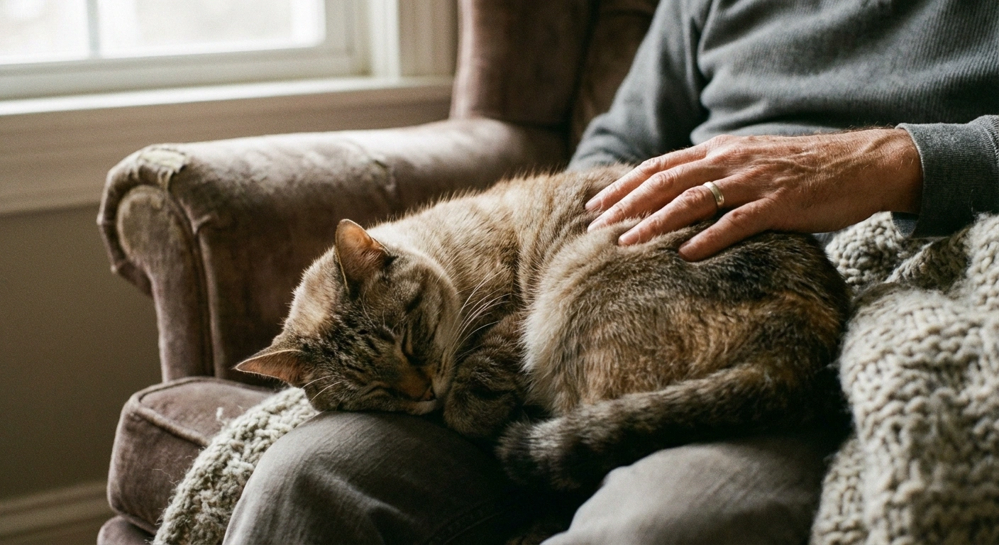 Cat curled on lap of neuropathy patient providing soothing warmth and gentle companionship