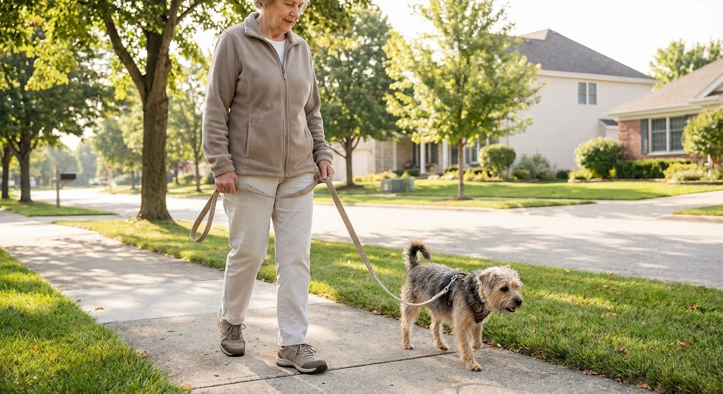 Senior walking a small dog on a flat sidewalk for gentle neuropathy-friendly exercise