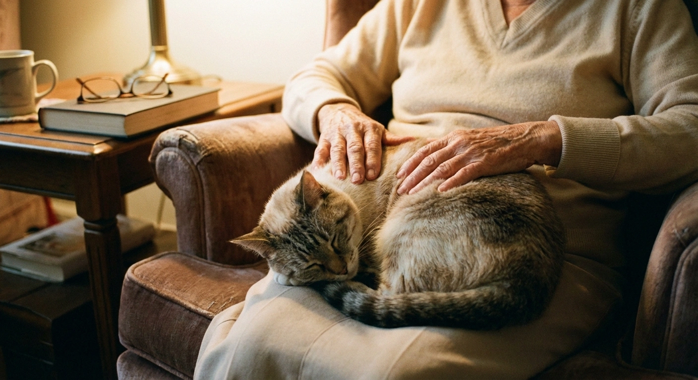 Older adult resting hands on sleeping cat in lap showing emotional bond for pain management