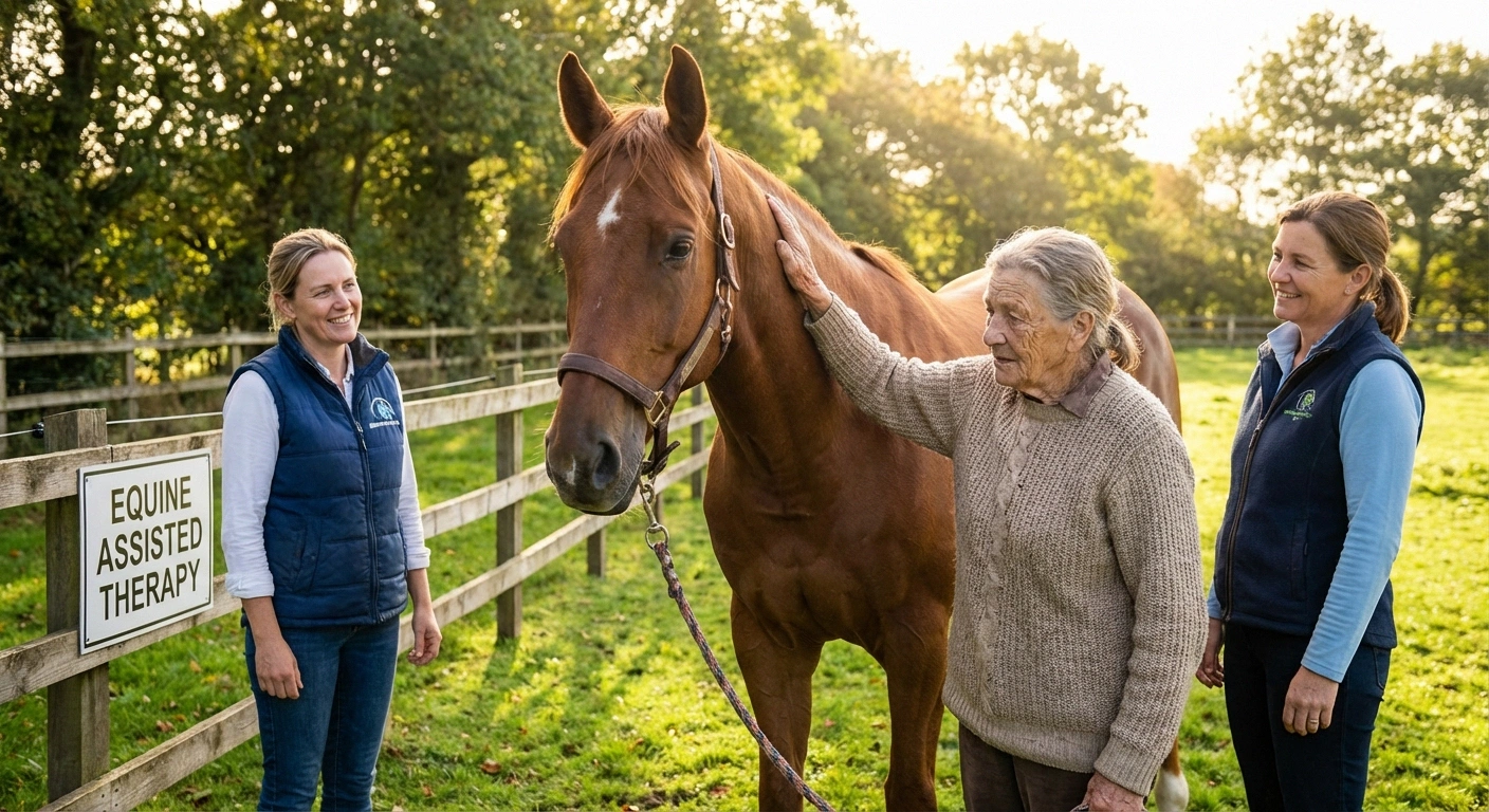 Older adult participating in equine-assisted therapy for neuropathy at an outdoor facility