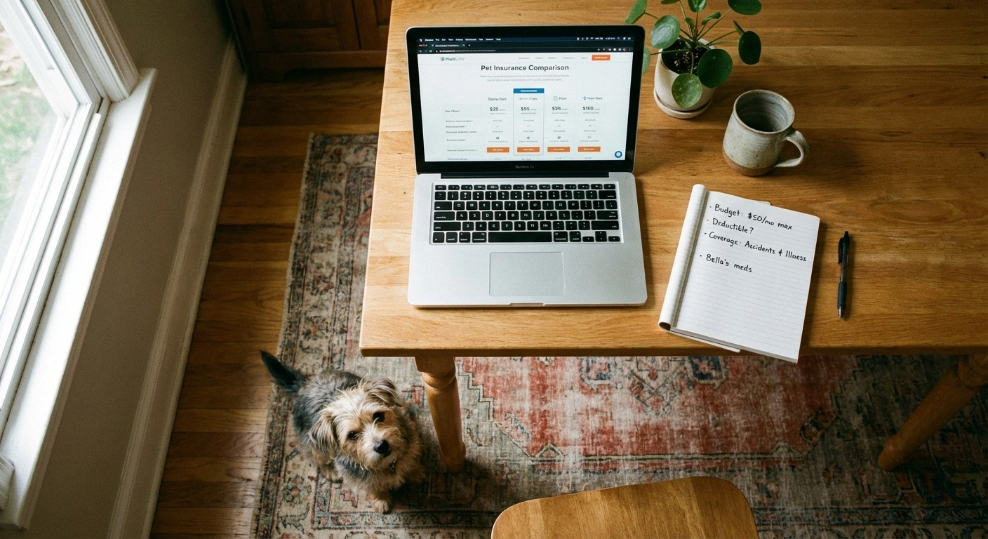 Pet owner researching pet insurance costs and financial planning for neuropathy pet care