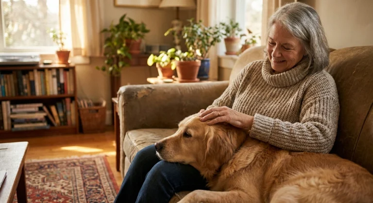 Older woman with peripheral neuropathy finding comfort petting her golden retriever on a couch