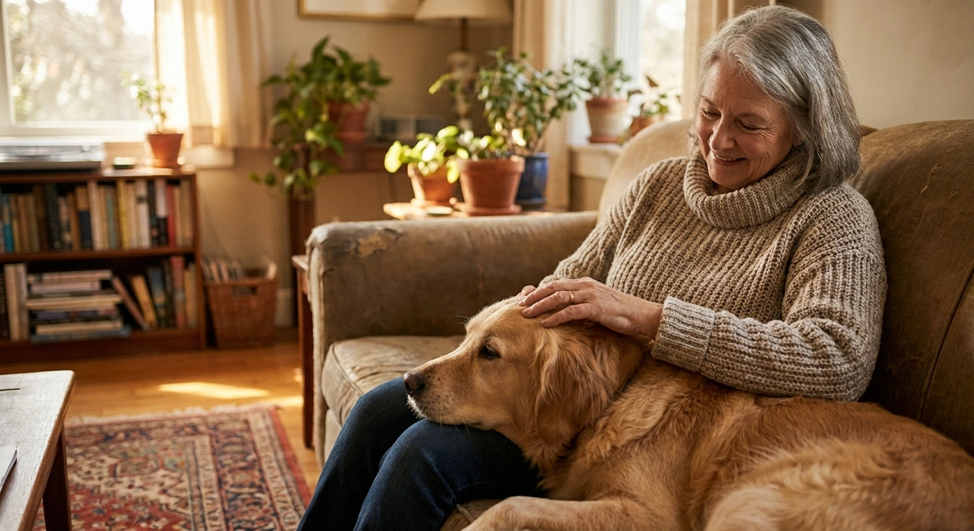 Older woman with peripheral neuropathy finding comfort petting her golden retriever on a couch