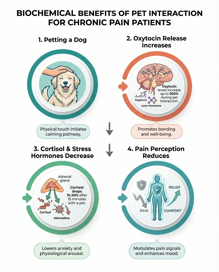 Infographic showing how pet interaction triggers oxytocin release and reduces cortisol to decrease neuropathy pain perception