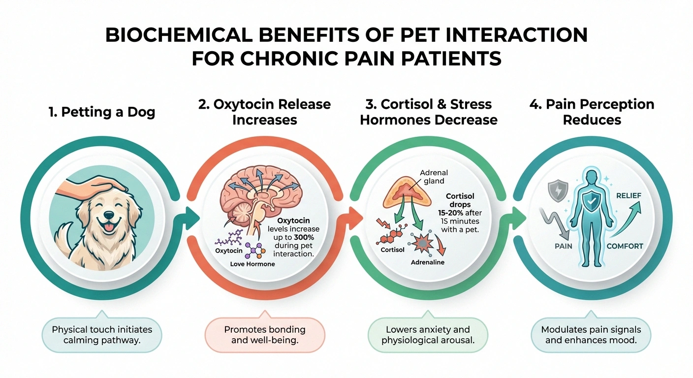 Infographic showing how pet interaction triggers oxytocin release and reduces cortisol to decrease neuropathy pain perception