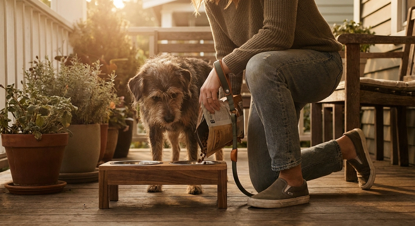 Person using adaptive pet care tools to feed dog from raised bowl on porch