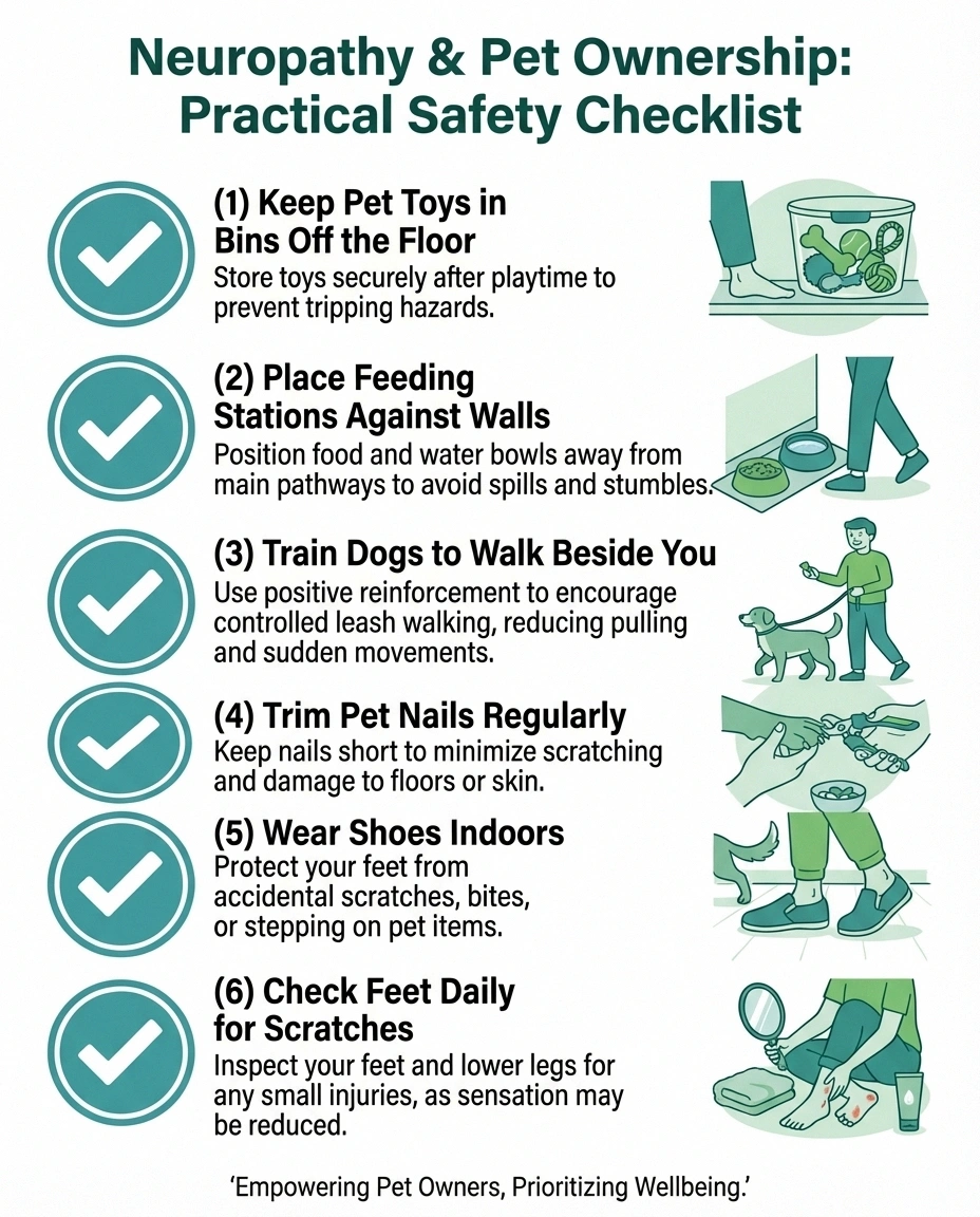 Safety checklist infographic for neuropathy patients who own pets with six fall prevention and injury prevention tips