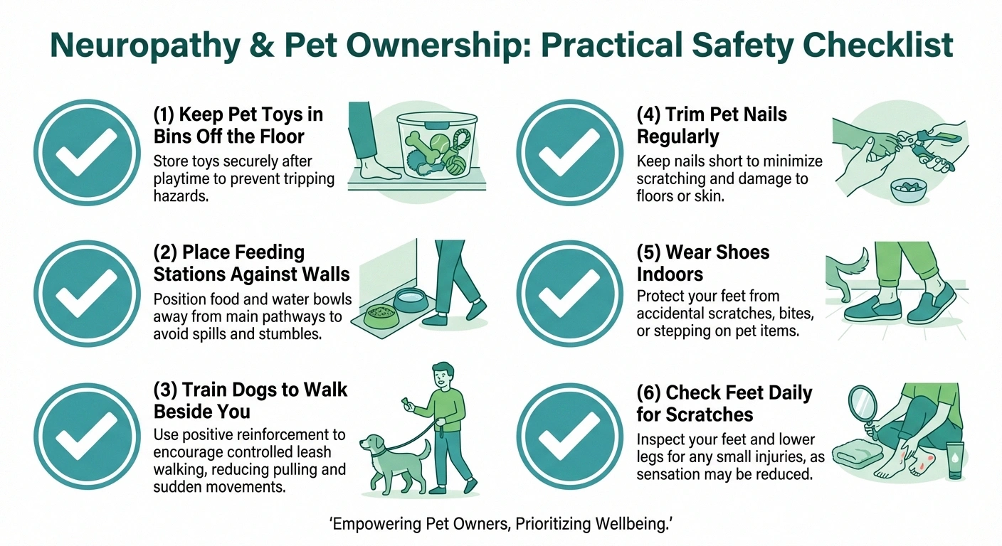 Safety checklist infographic for neuropathy patients who own pets with six fall prevention and injury prevention tips
