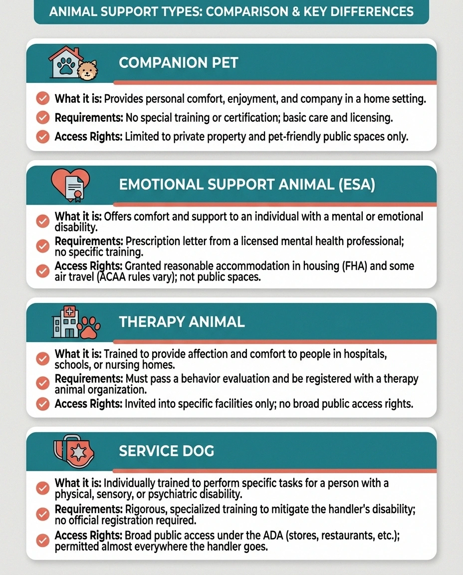 Infographic comparing four types of animal support for neuropathy patients: companion pets, emotional support animals, therapy animals, and service dogs