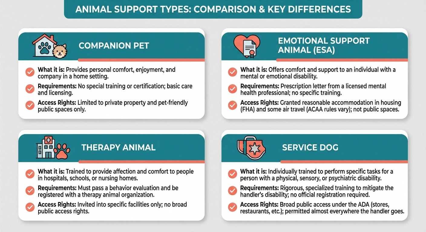 Infographic comparing four types of animal support for neuropathy patients: companion pets, emotional support animals, therapy animals, and service dogs