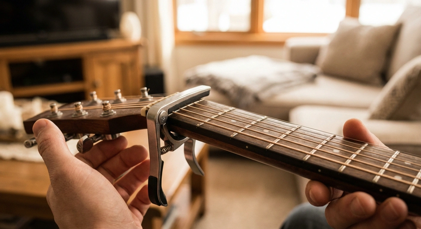 Guitar capo clipped on fretboard as an adaptation technique for playing guitar with neuropathy