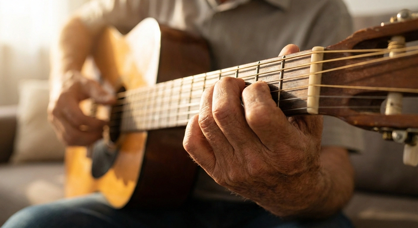 Close-up of older adult hands playing guitar chord with lighter strings as neuropathy adaptation