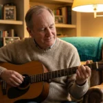 Older adult playing acoustic guitar at home representing playing guitar with neuropathy