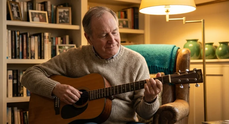 Older adult playing acoustic guitar at home representing playing guitar with neuropathy