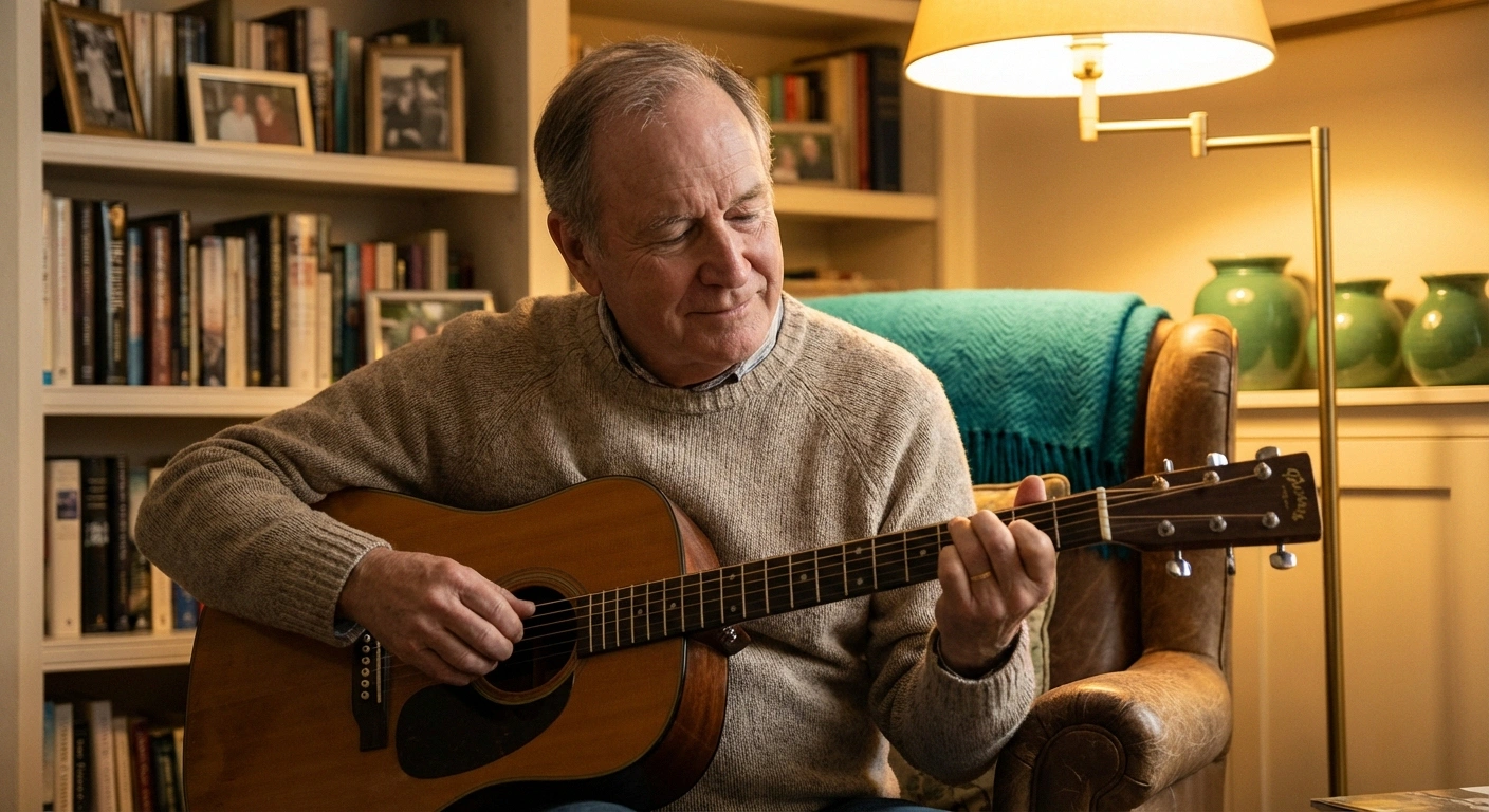 Older adult playing acoustic guitar at home representing playing guitar with neuropathy
