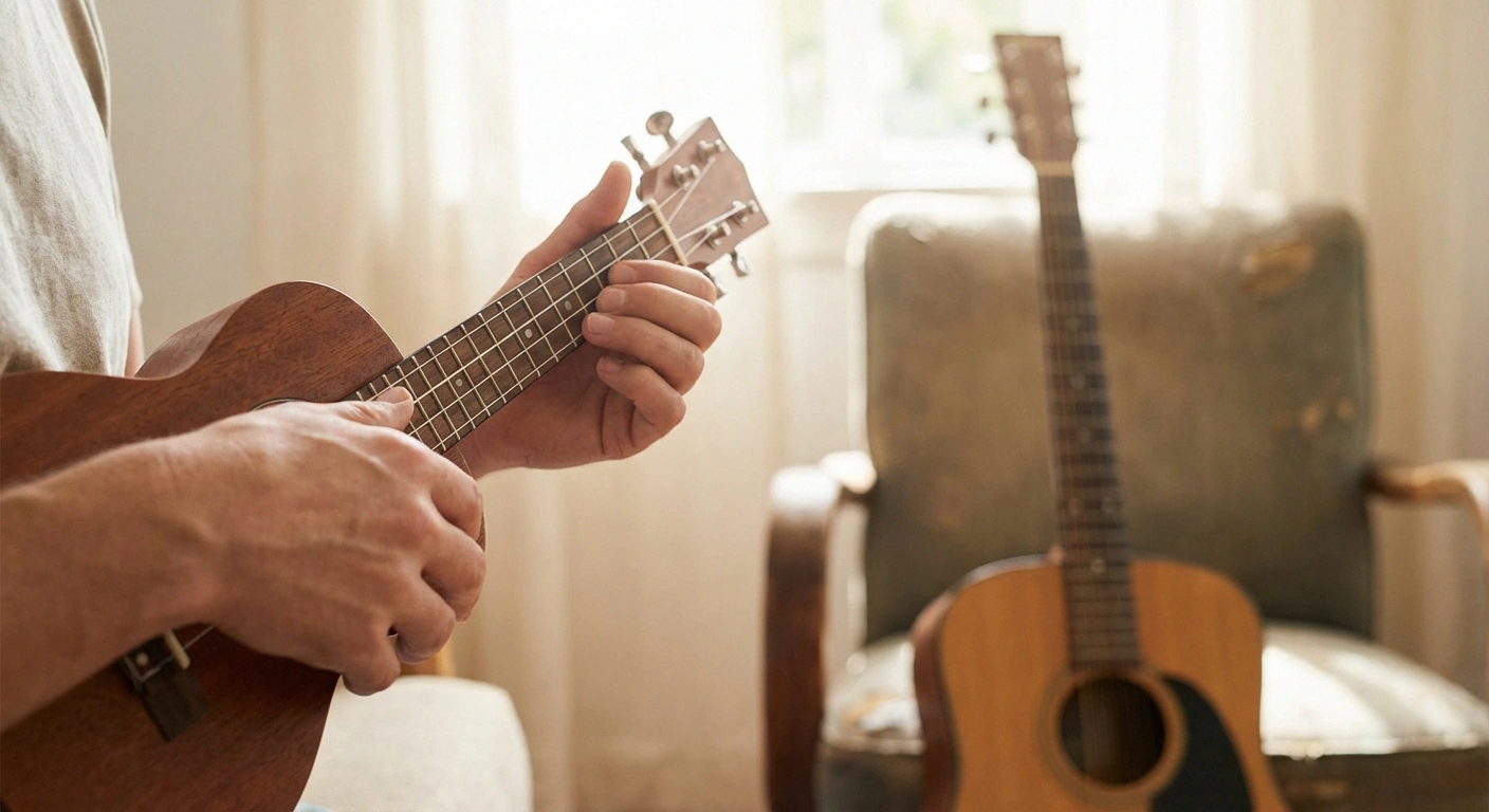 Hands holding ukulele as easier alternative instrument for musicians with neuropathy in hands