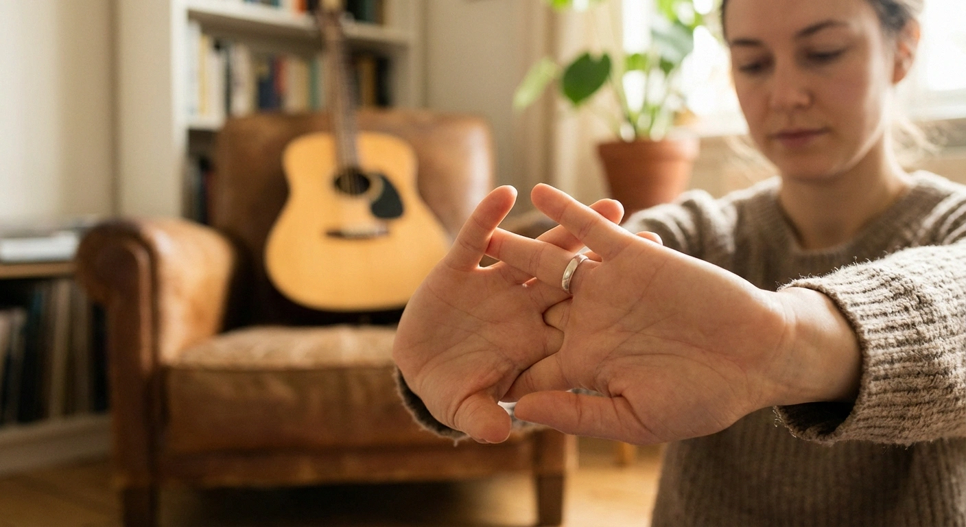 Person stretching fingers before playing guitar as warm-up routine for neuropathy management