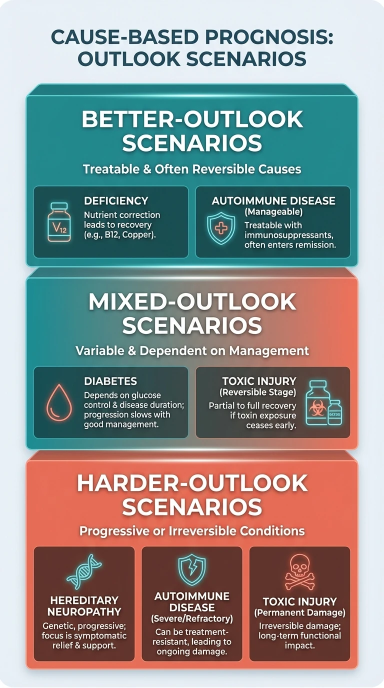 Infographic showing how neuropathy prognosis changes based on the underlying cause