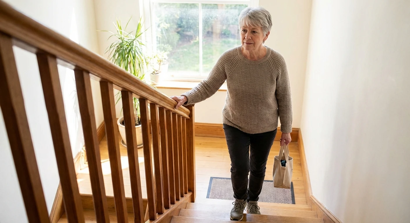 Older adult using a stair handrail safely to reduce neuropathy-related fall risk
