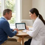 Clinician discussing long-term neuropathy prognosis with a patient using charts and notes