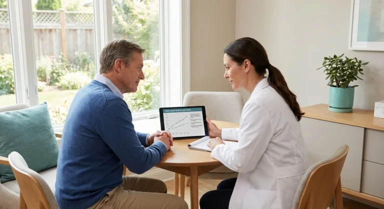 Clinician discussing long-term neuropathy prognosis with a patient using charts and notes