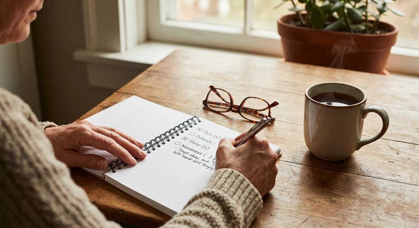 Person tracking neuropathy symptoms in a journal to monitor long-term progress