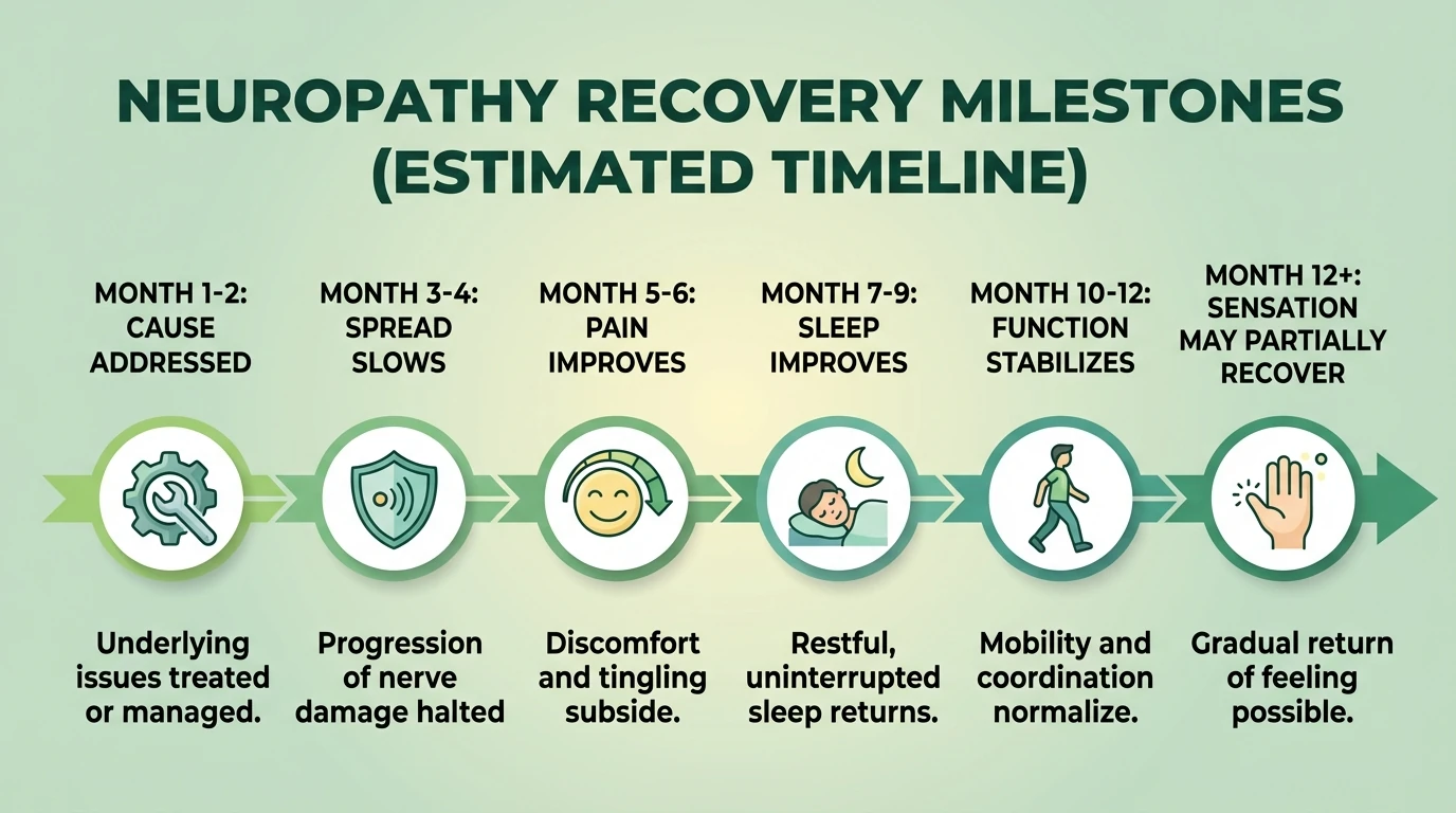 Timeline infographic showing realistic stages of neuropathy recovery over months