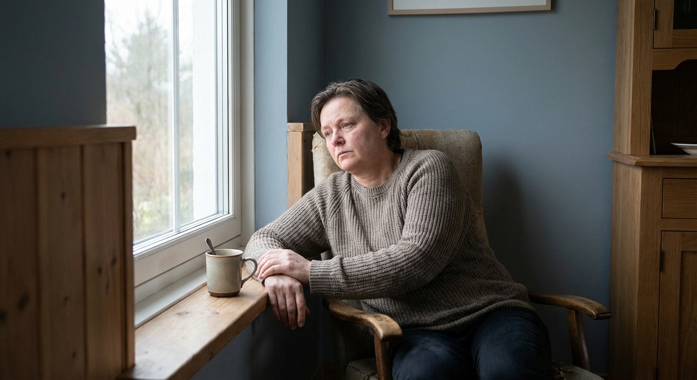 Partner and caregiver of person with neuropathy sitting alone reflecting on their own emotional needs