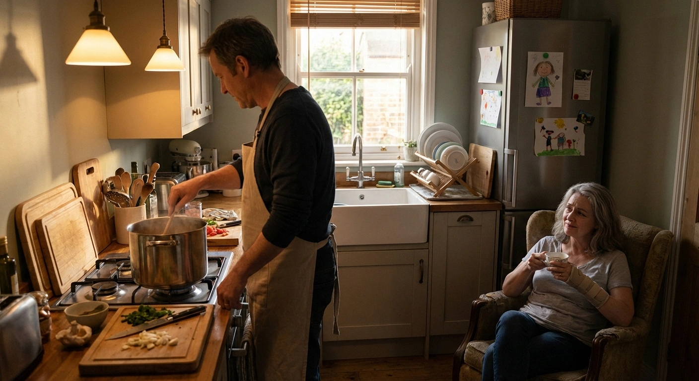 Partner cooking alone while spouse with neuropathy watches illustrating changed household roles