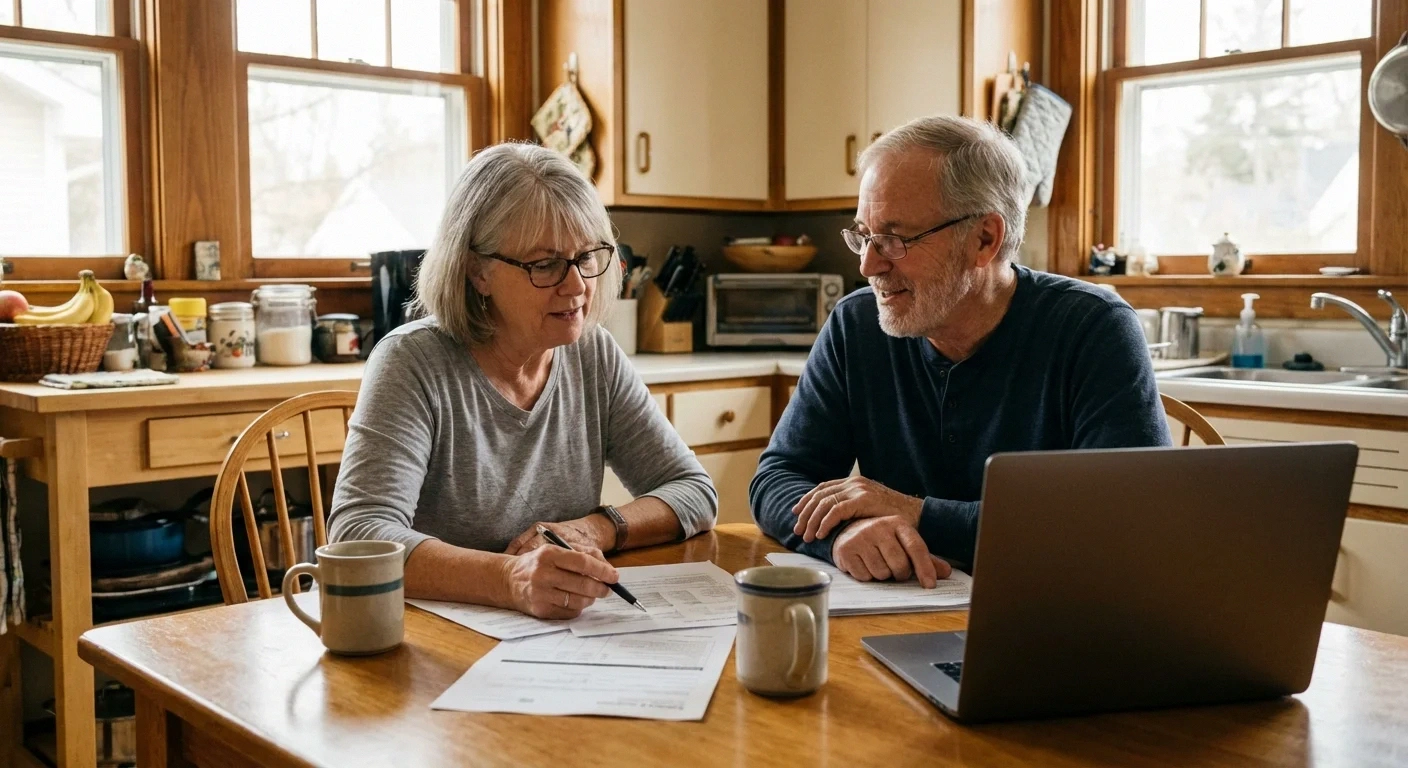 Couple reviewing financial documents at kitchen table, planning retirement with neuropathy healthcare costs in mind
