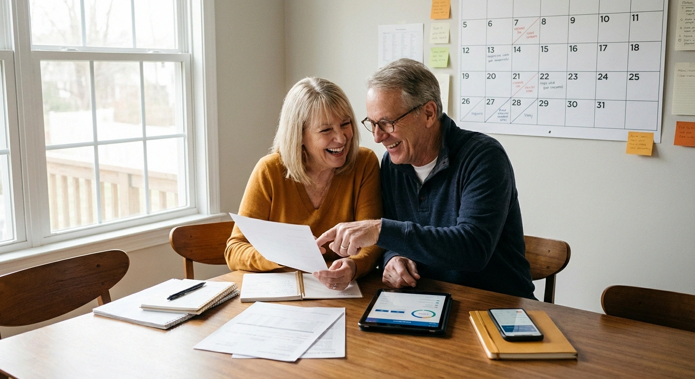 Couple creating neuropathy-adapted retirement plan reviewing documents together