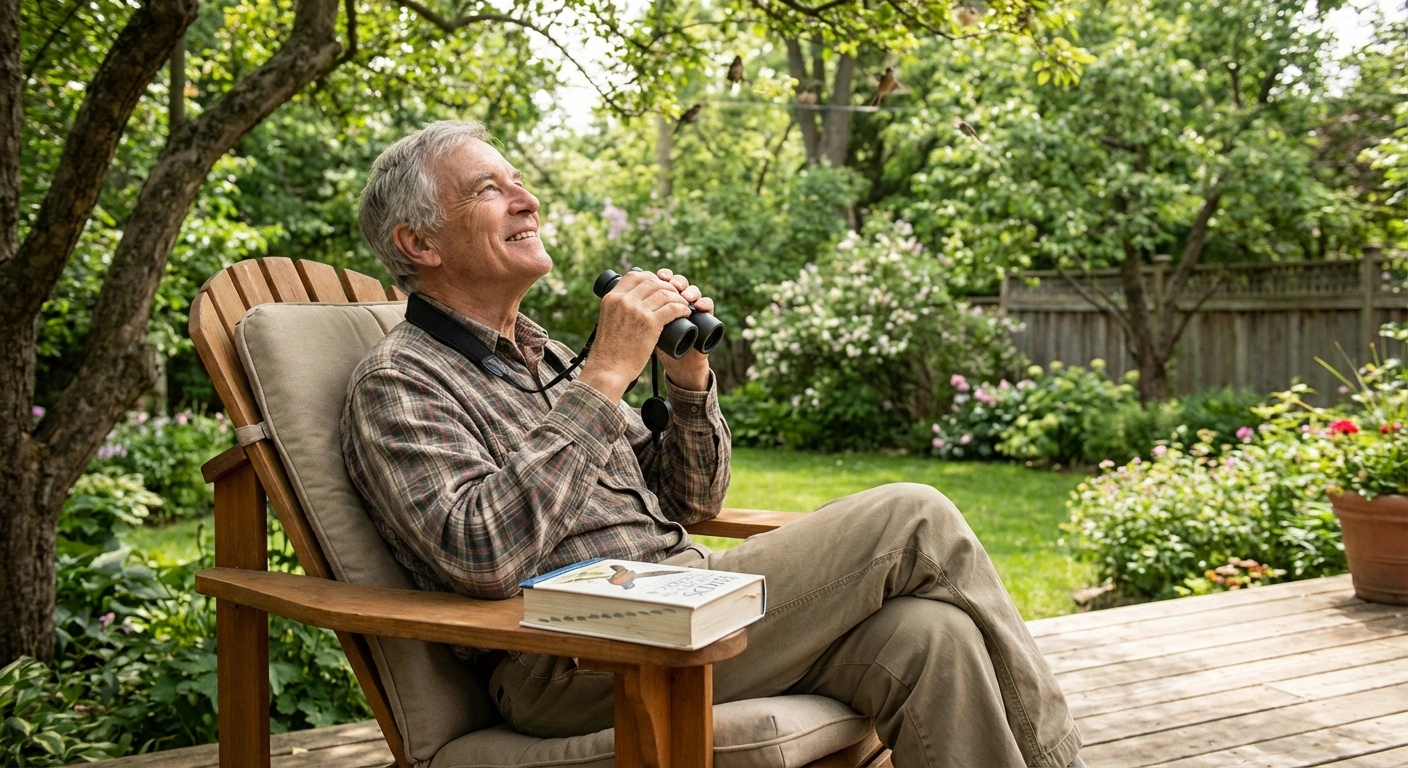 Retired man birdwatching from his backyard as a neuropathy-friendly hobby requiring minimal physical exertion