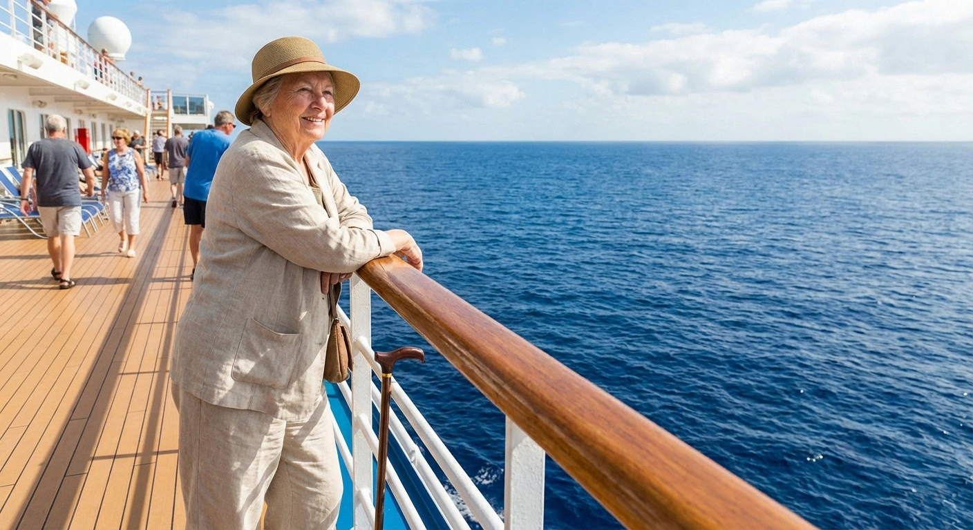 Senior woman enjoying cruise travel as a neuropathy-friendly retirement vacation option