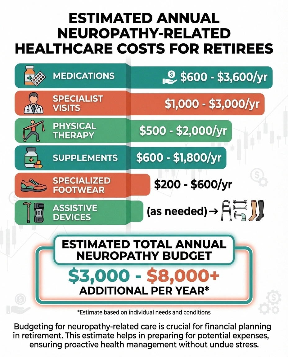 Infographic showing estimated annual neuropathy healthcare costs for retirement planning including medications, specialists, and therapy