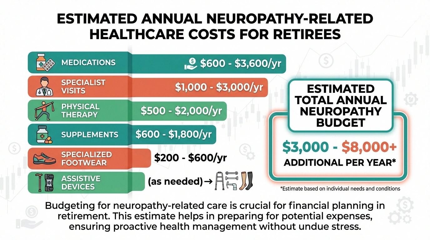 Infographic showing estimated annual neuropathy healthcare costs for retirement planning including medications, specialists, and therapy