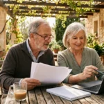 Older couple reviewing retirement plans together on a sunlit patio adjusting for neuropathy