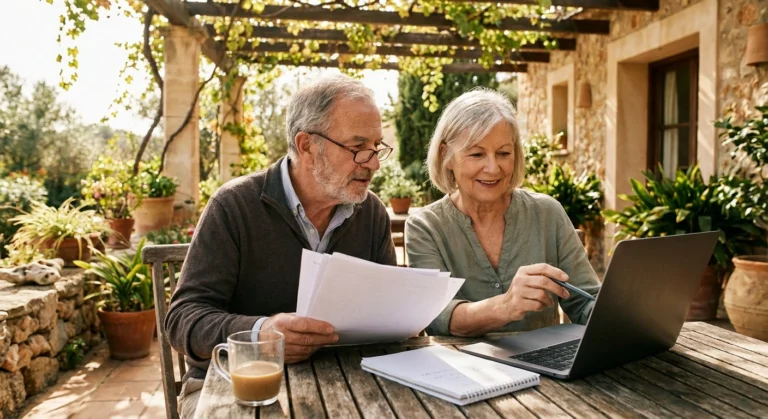 Older couple reviewing retirement plans together on a sunlit patio adjusting for neuropathy
