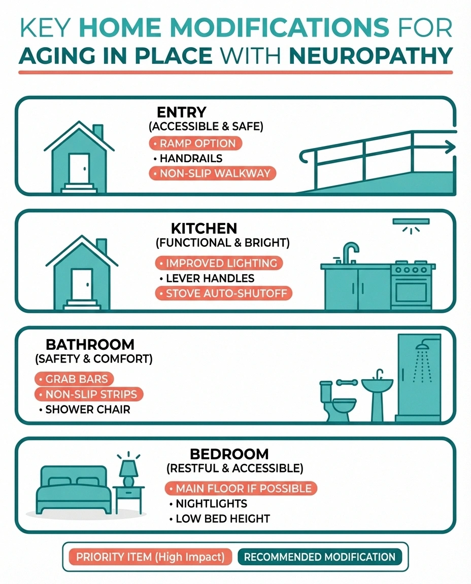 Home modification infographic showing room-by-room safety changes for aging in place with neuropathy