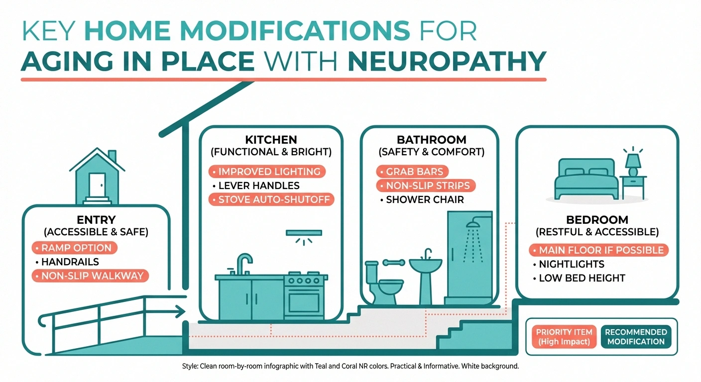 Home modification infographic showing room-by-room safety changes for aging in place with neuropathy