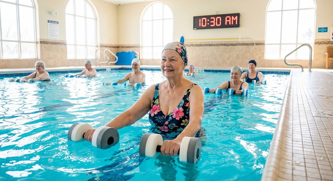 Older adults doing water aerobics in a pool as neuropathy-friendly retirement exercise