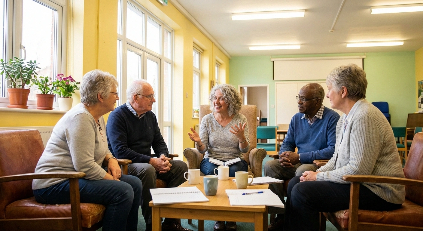 Older adults in a neuropathy support group meeting sharing experiences and building social connections in retirement