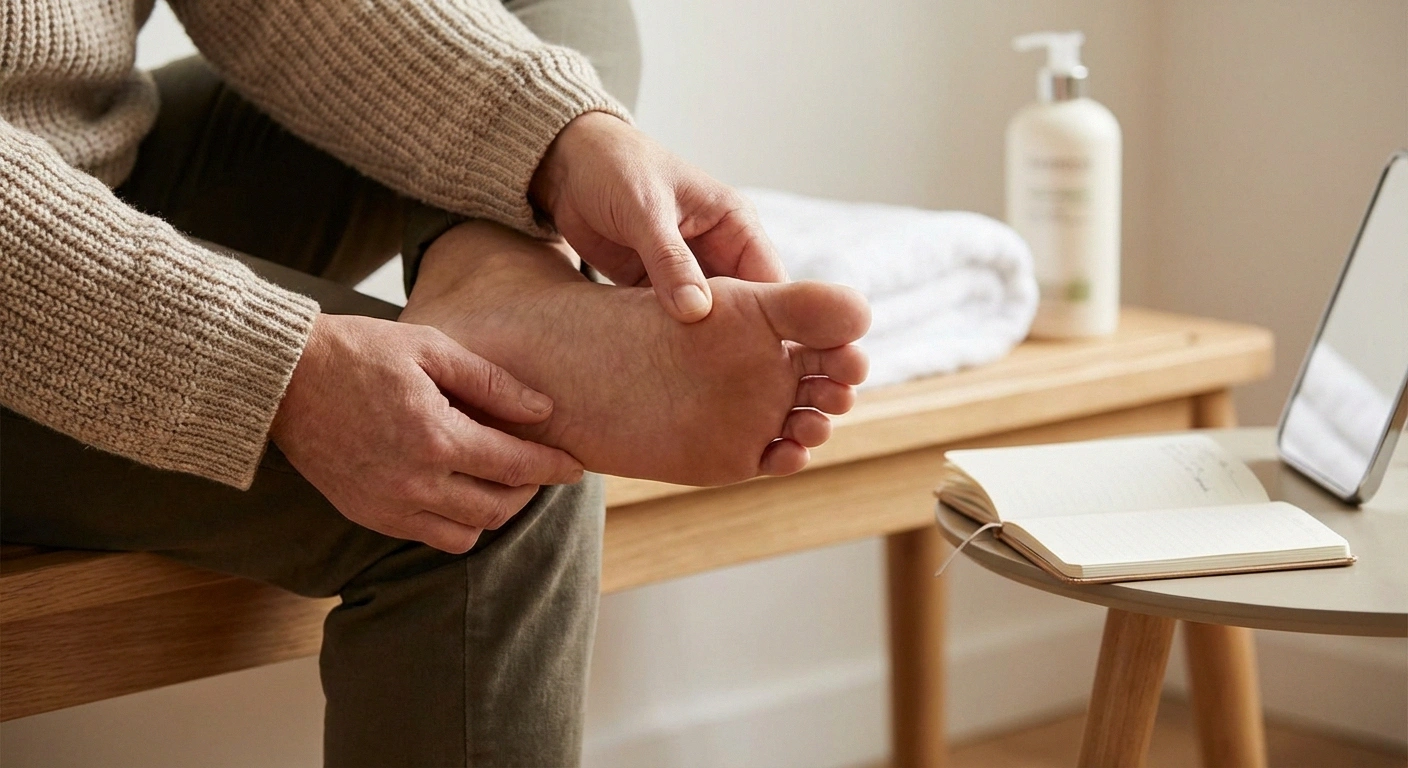 Person inspecting foot for pressure marks and blisters as part of daily neuropathy foot care routine