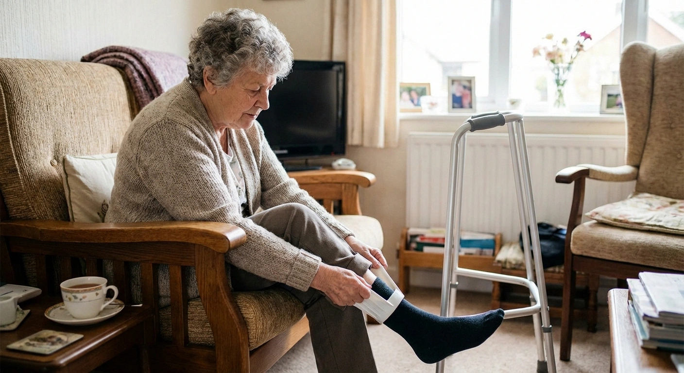 Older adult sitting safely in chair putting on neuropathy socks using sock donning aid